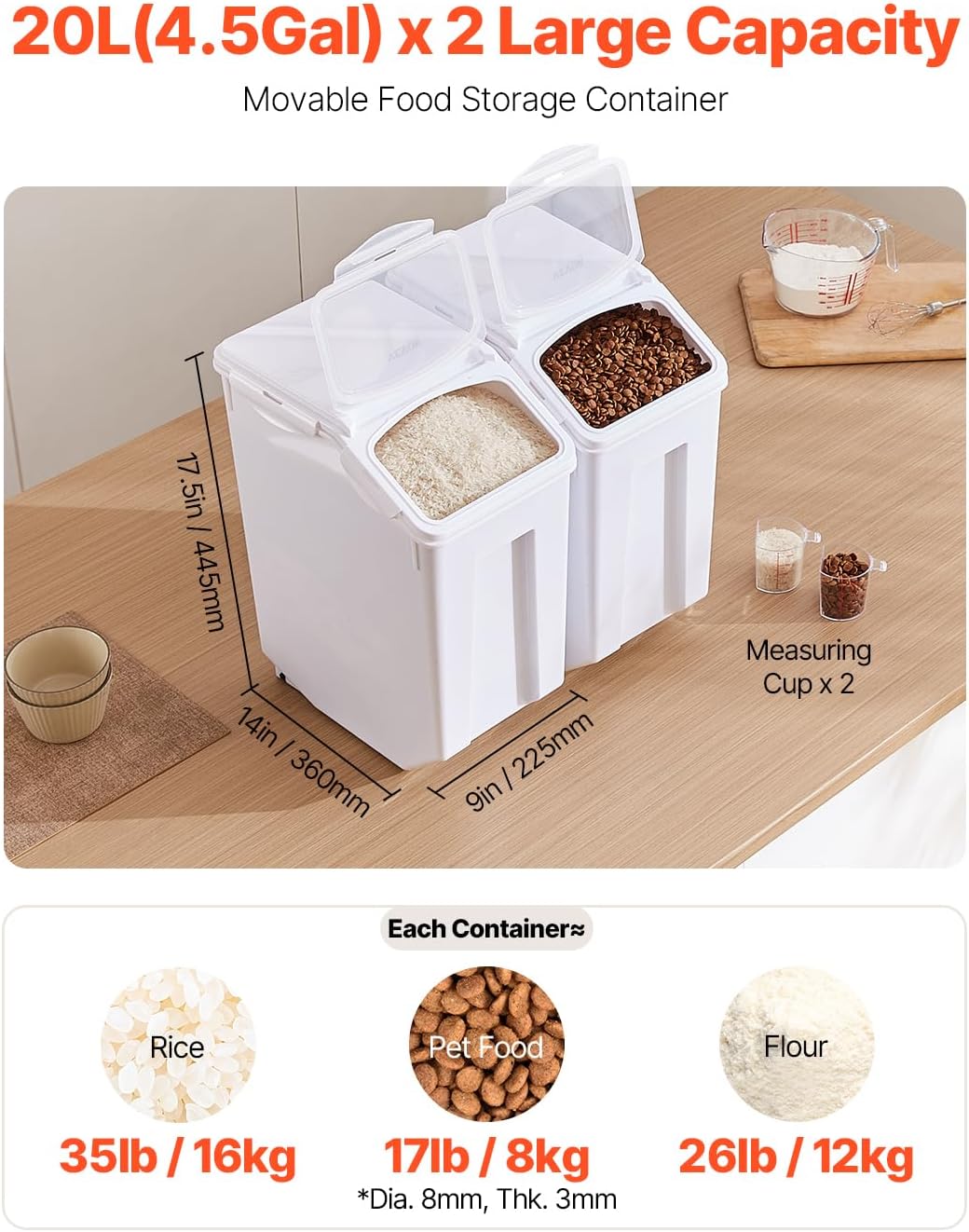 VEVOR Rice Storage Container, 4.5Gallon/20L x2 Capacity Large Dog Food Dispenser Bin, Kitchen Ingredient Grain Cereal Flour Bin, Pet food Containers with Wheels, 2 Measuring Cups, Airtight Lid, 2 Pack