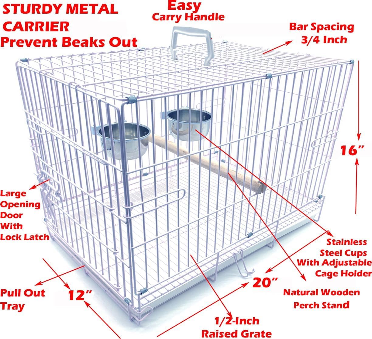 Durable Easy Portable Metal Travel or Veterinary Collapsable Parrot Bird Carrier Beaks Proof Cage with Stainless Steel Feeder Bowls Natural Wooden Perch Stand