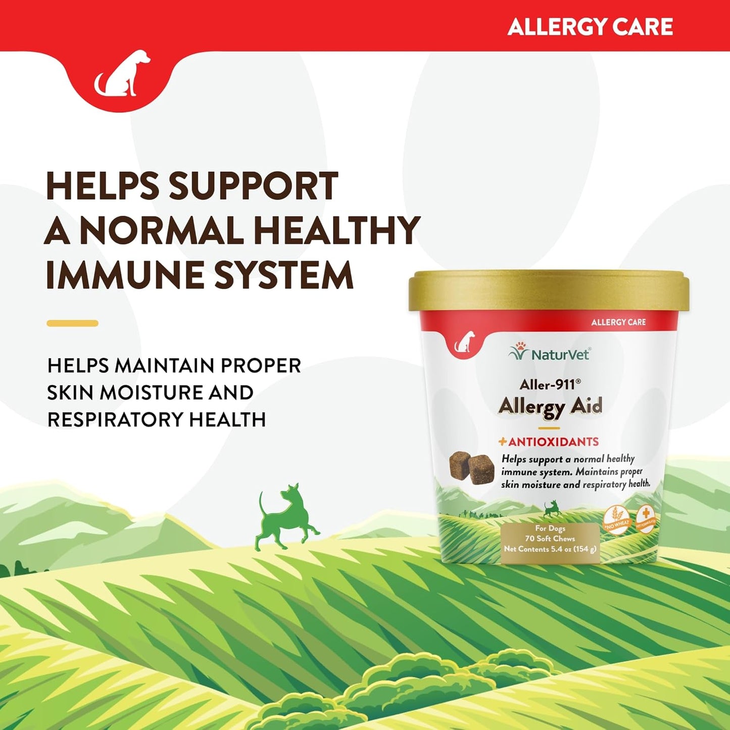 NaturVet Aller-911 Advanced Allergy Aid for Dogs, Cats – Antioxidant-Rich Pet Supplement with Omegas, DHA, EPA – Helps Support Dog Immune System, Cat Respiratory Health, Skin Moisture 70 Soft Chews