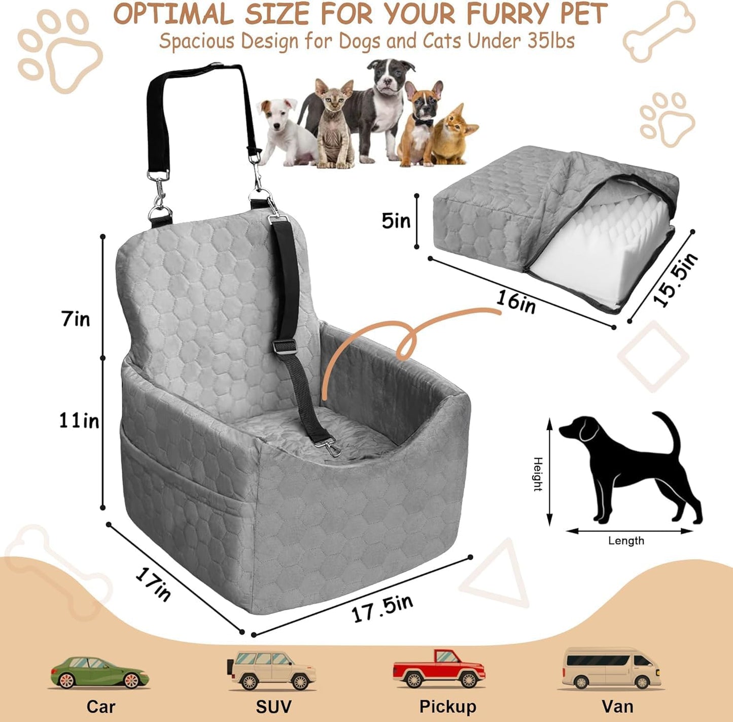 Dog Car Seat for Small/Medium Dogs - Dog Booster Seat with Safety Straps & Non-Slip Base, Travel Pet Car Seat with Storage Pockets, Washable & Removable, Suitable for Dogs Under 35 lbs (Gray)