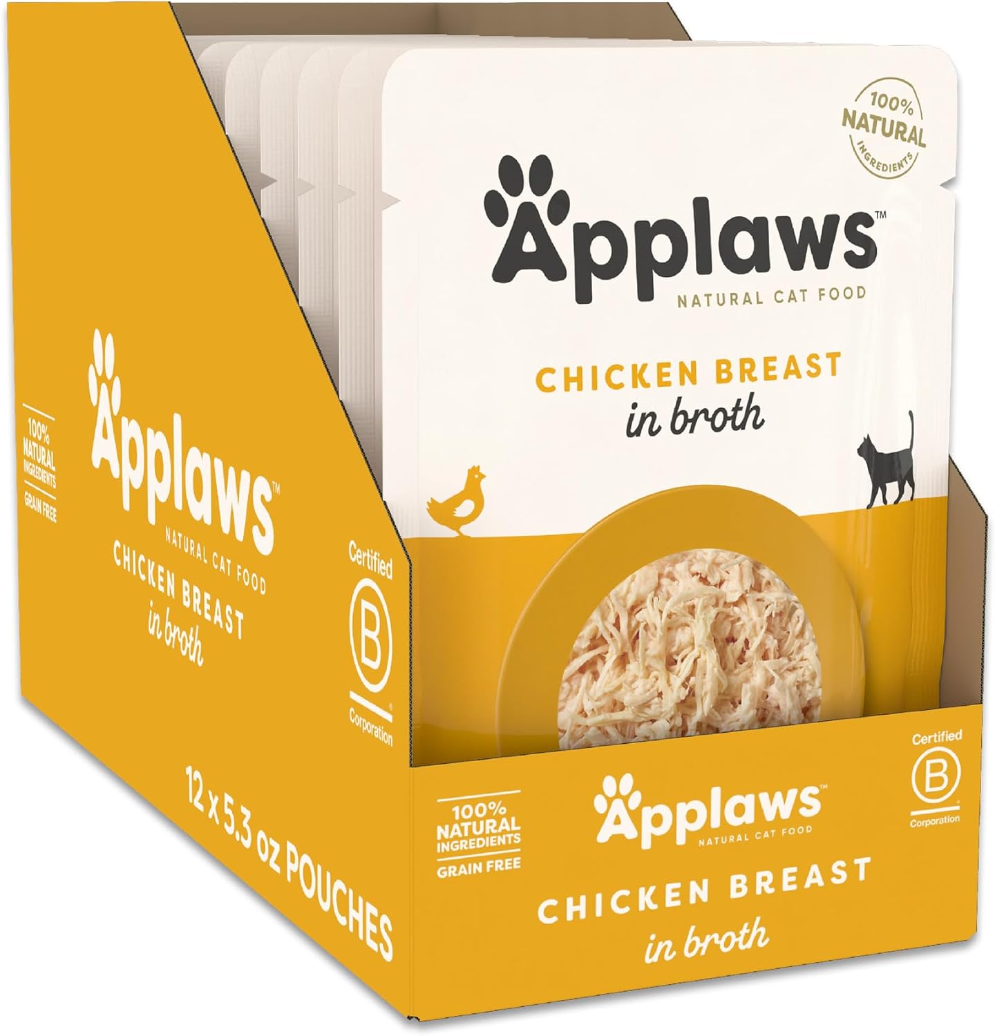 Applaws Natural Wet Cat Food in Broth, Limited Ingredient Wet Cat Food Pouches, No Additives, Made with Natural Ingredients, Chicken Breast in Broth (12 x 5.3oz Pouches)