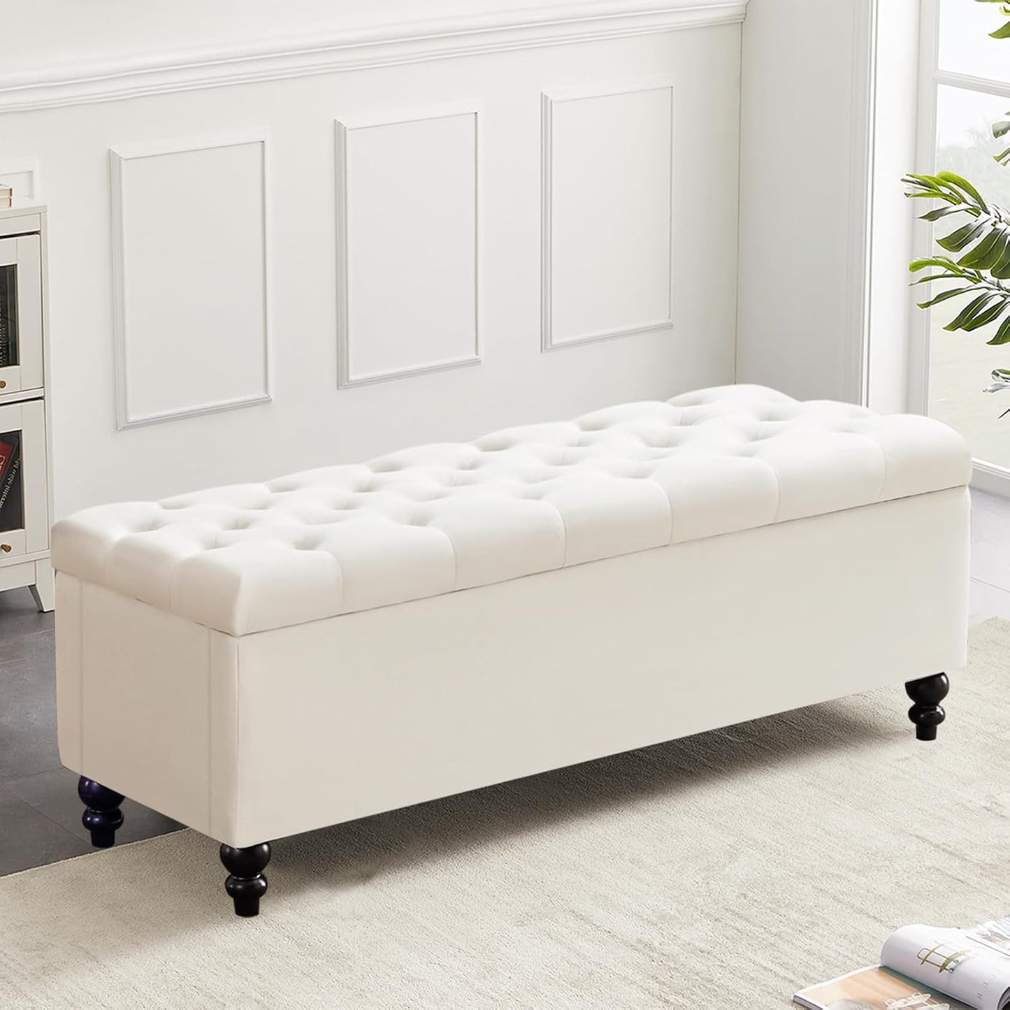 Ottoman with Storage,50.2-inch Upholstered End of Bed Storage Bench for Bedroom,for The Living Room,for Entryway, with Button and Safety Hinges,Detachable (White)