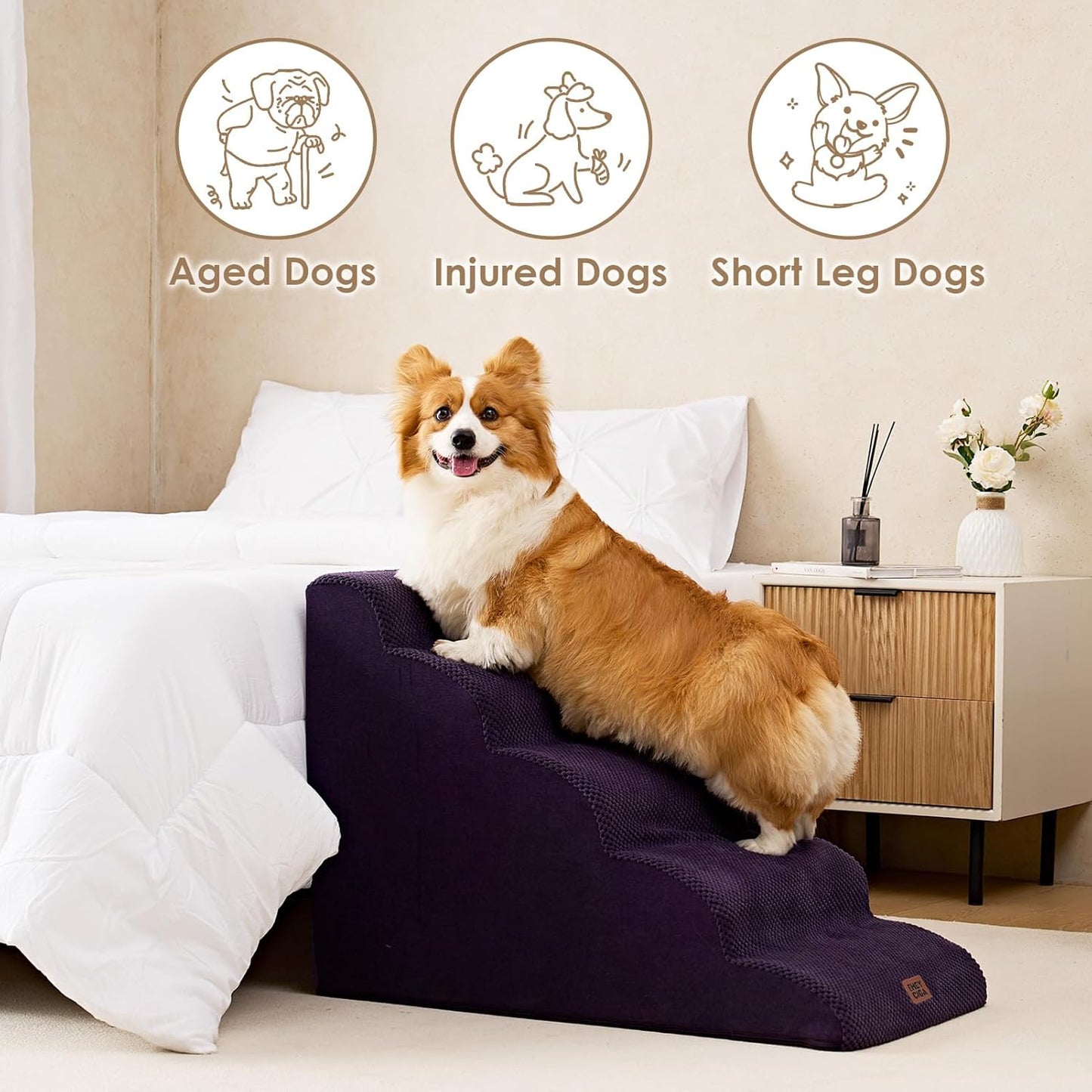 EHEYCIGA Curved Dog Stairs Ramp for High Beds 22.6" H, 5-Step Dog Steps for Small Dogs and Cats, Pet Stairs for High Bed Climbing, Non-Slip Balanced Pet Step Indoor, Purple