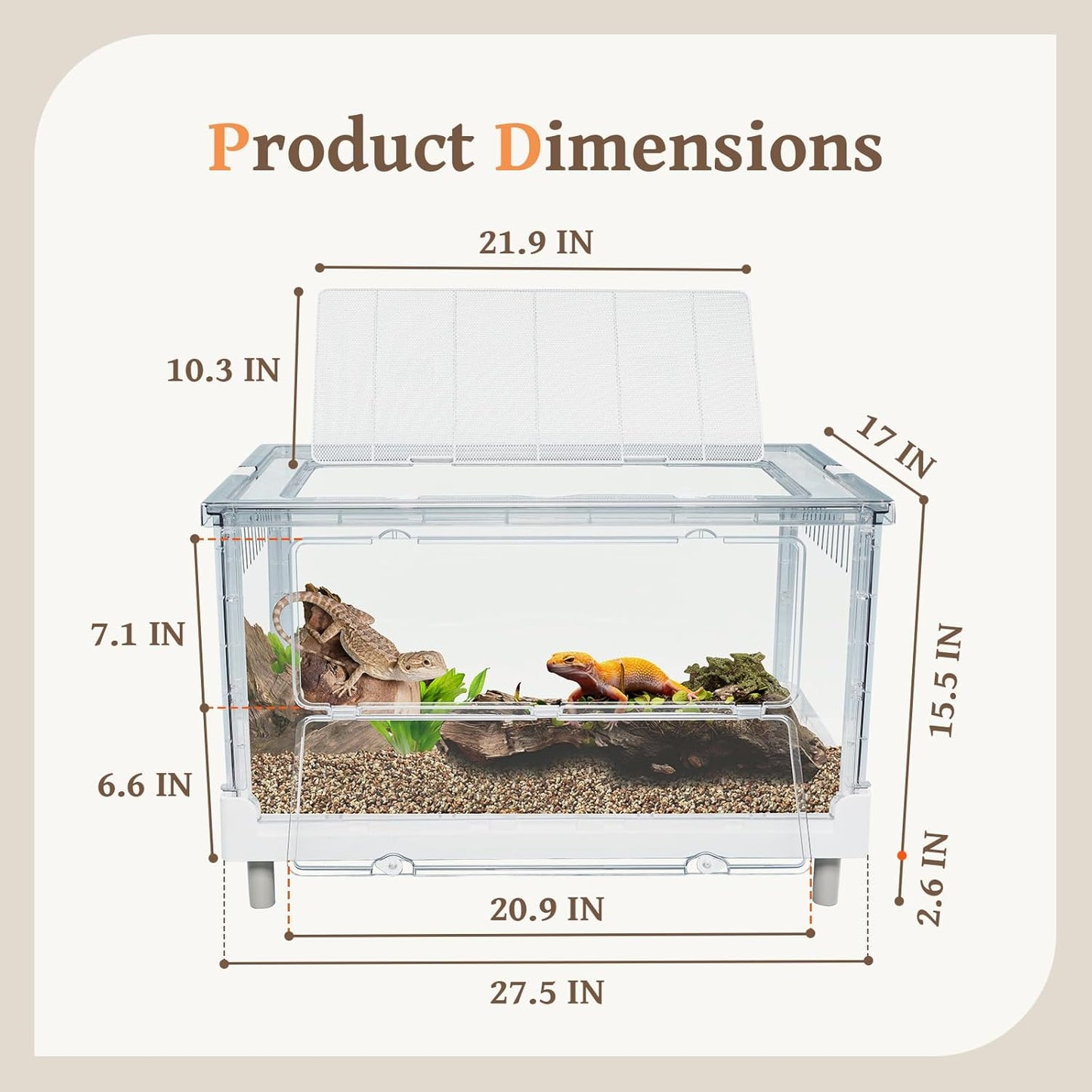 Large Clear Foldable Reptile Habitat Cage - Easy Assembly, Front Opening, Escape Proof Lock, for Hamster, Lizard, Hedgehog, Small Animals (27.5" L x 17" W x 15.5" H)