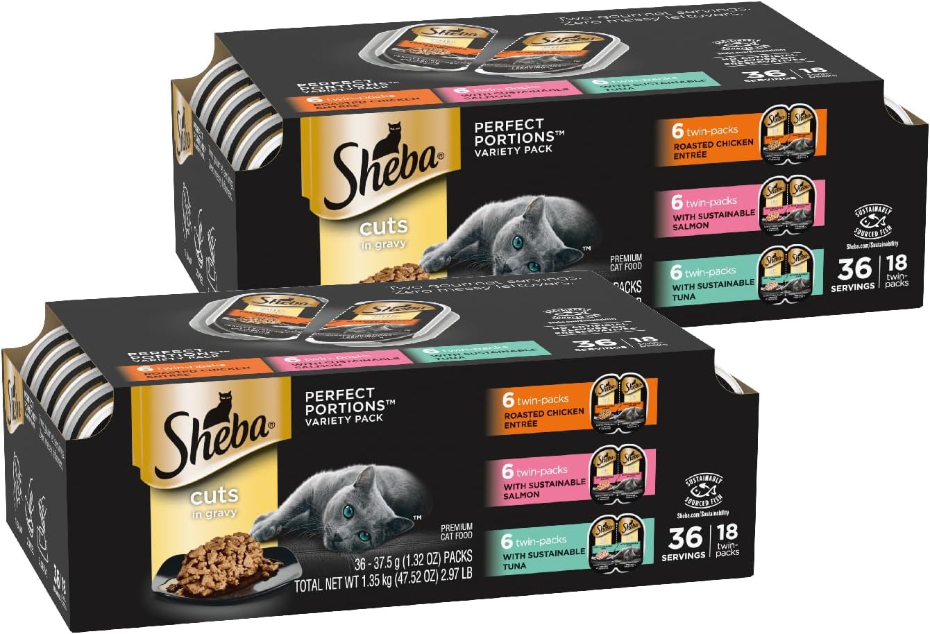 Sheba Perfect Portions Wet Cat Food Cuts in Gravy Variety Pack, Roasted Chicken Entree, with Sustainable Salmon, 2.6 oz. Twin-Pack Trays (18 Count, 36 Servings) (Pack of 2)