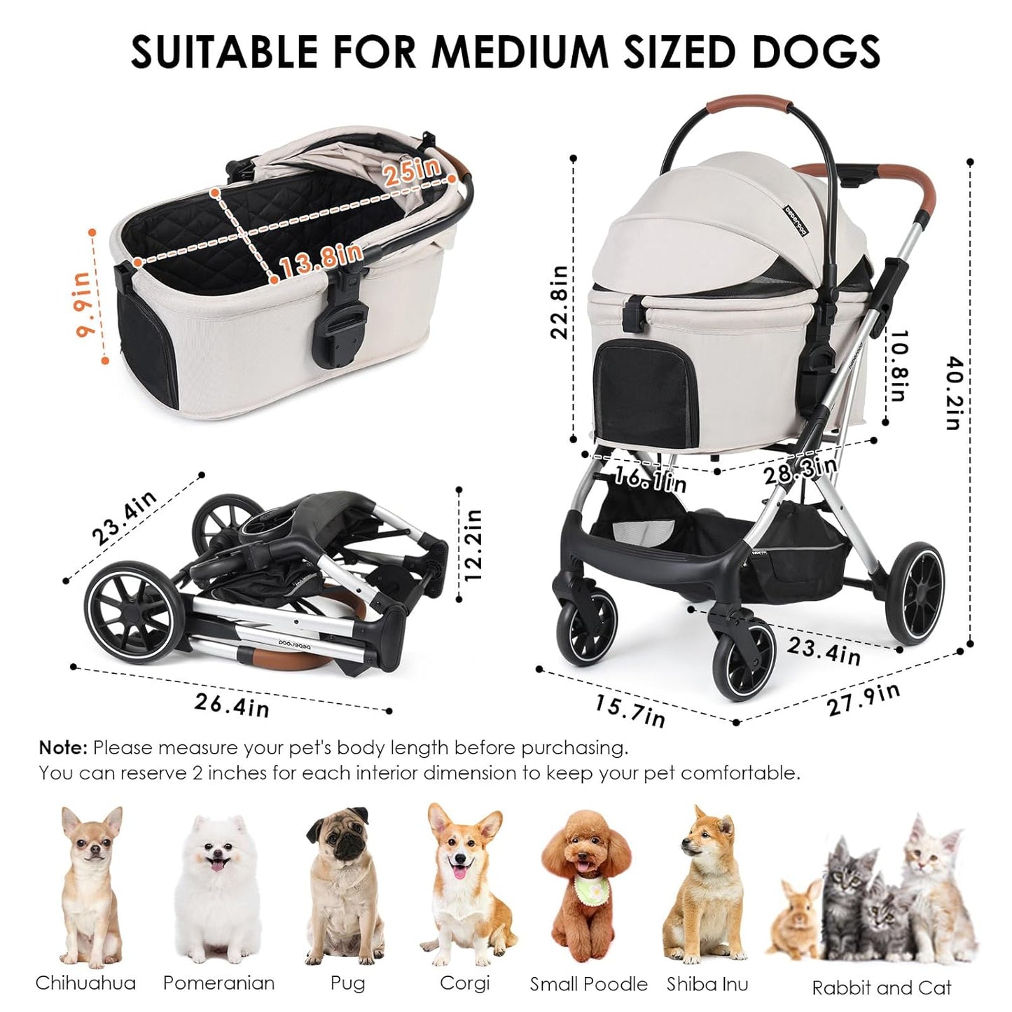 T6 Luxury Pet Stroller for Medium Dogs Up to 66lbs or 2 Small Pets – 3-in-1 Dog & Cat Stroller with Removable Carrier, Foldable & Lightweight (Beige)