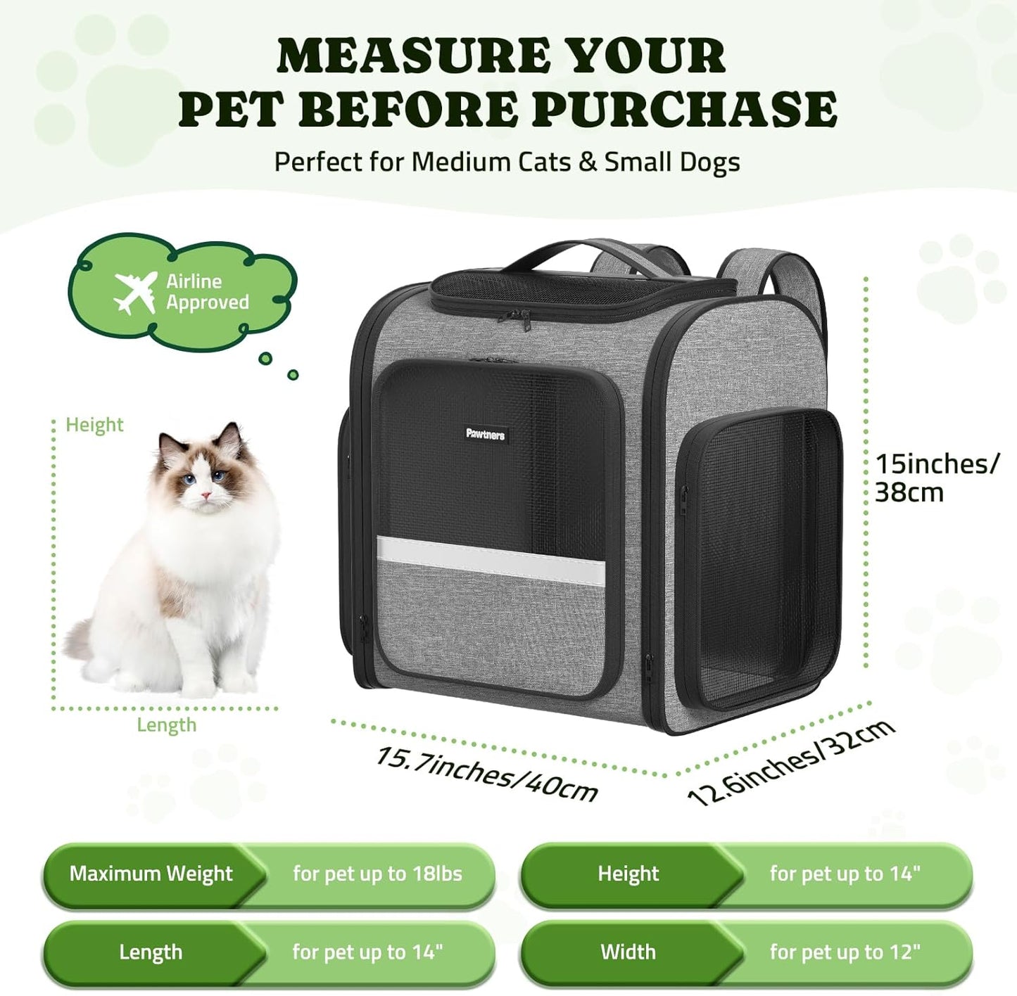 Pawtners Dog Backpack Carrier Large Pet Carrier Backpack for Kitten Small Dogs Puppies & Large Cats Up to 18 Lbs, Breathable Dog Backpack with Anti-Scratch Mesh, Ventilated Design, Perfect for Travel