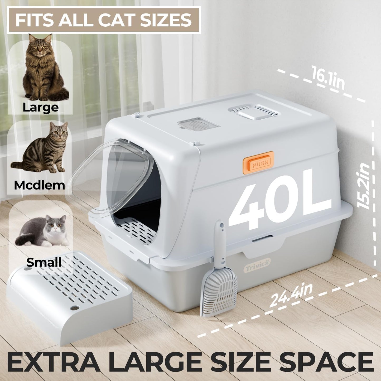 XX-Large Stainless Steel Cat Litter Box with Lid – Fully Enclosed Large Litter Box for Big Cats, Odor Control with Magnetic Door, Easy Clean, Multi-Cat Durable Metal Pan.(White-Gray)