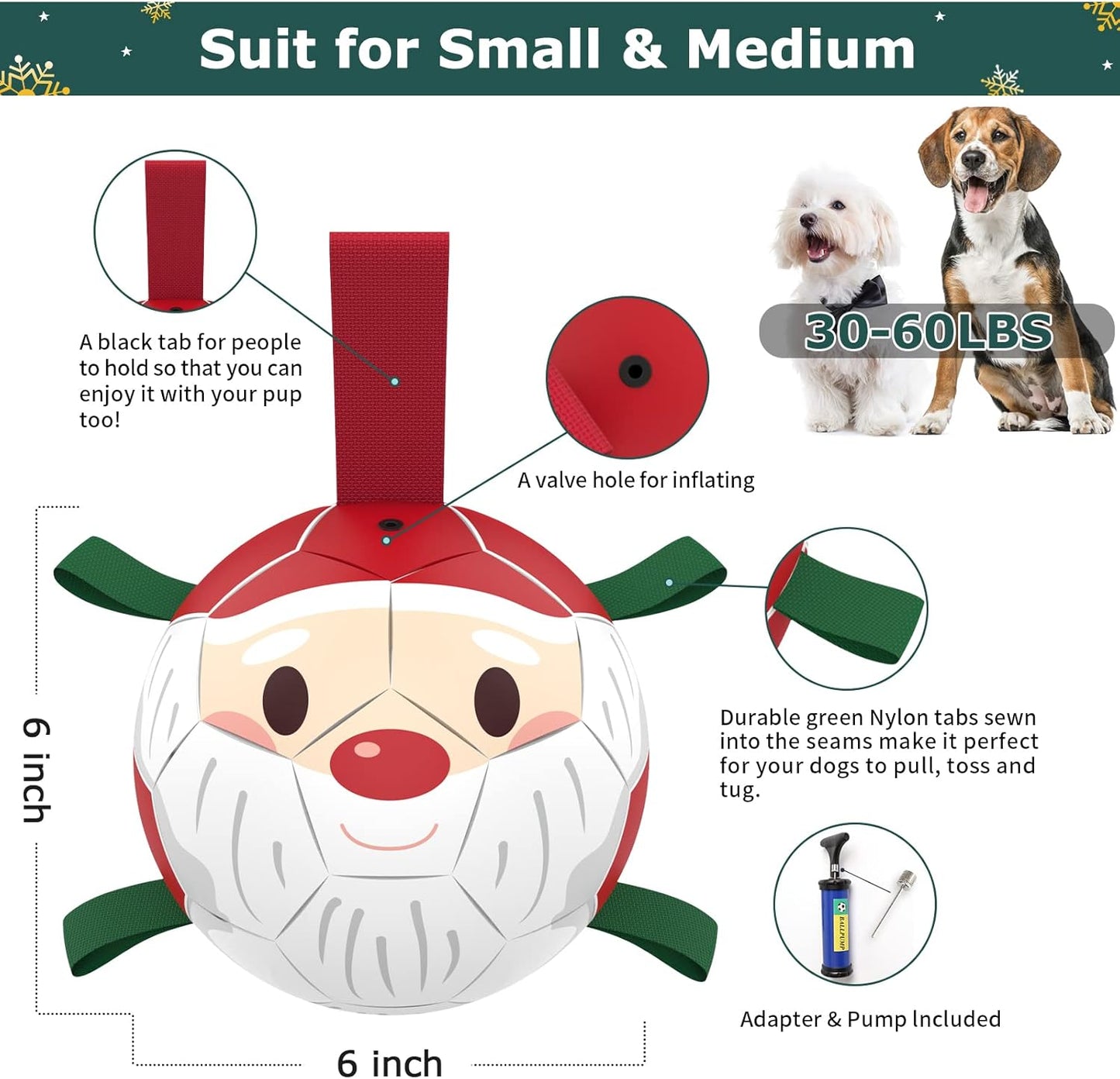 QDAN Christmas Dog Balls with Straps, Soccer Ball for Dogs for Small Medium Breed, Tug Toys for Dog Birthday, 6" Outdoor Dog Toys for Fun