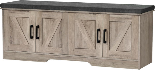 2-Tier Storage Bench, Shoe Bench with Padded Seat Cushion, Entryway Bench with 4 Barn Doors, Adjustable Shelf, 13.8" D x 47.2" W x 17.7" H, for Entryway, Living Room, Bedroom, Greige