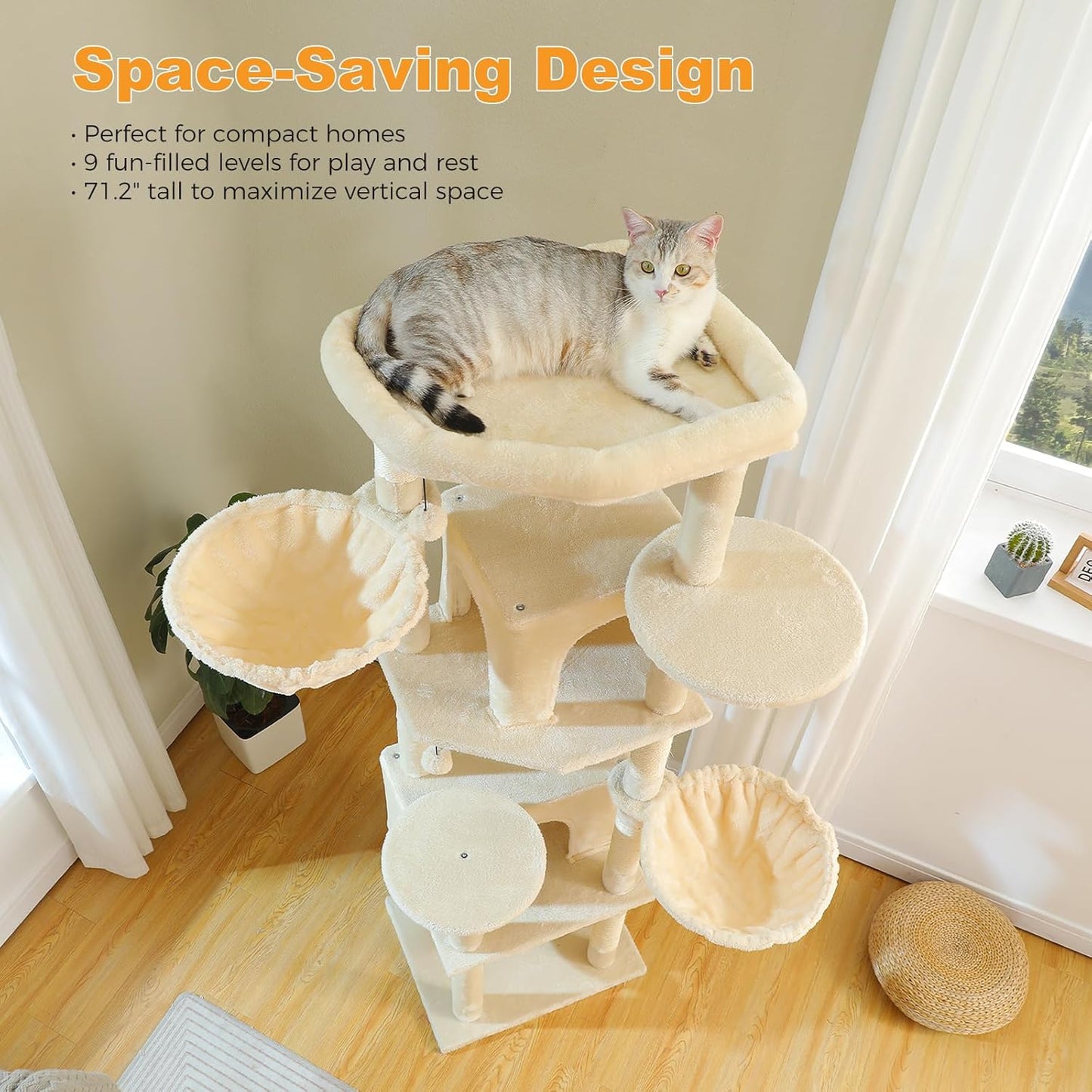 71.2" Tall Cat Tree for Indoor Cats - 9-Level Multi-Cat Tower w/5 Sisal Scratching Posts, 2 Condos, 3 Hammocks, Perch & Pom Poms - Heavy-Duty for Adult Cats, Space-Saving Plush Beige