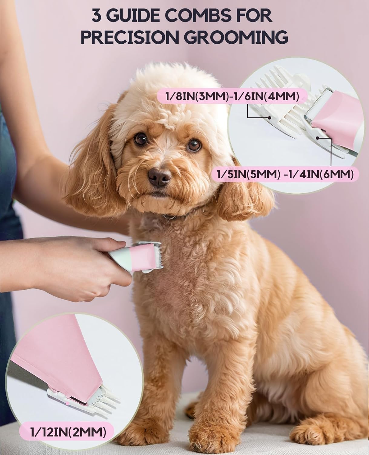 Dog Clippers Grooming Kit, 4 in 1 Quiet Cordless Dog Paw Trimmer & Nail Grinder, Small Cat Clippers Electric Rechargeable Low Noise Pet Shaver for Trimming Hair on Paw Eye Ear Face Rump (Pink)