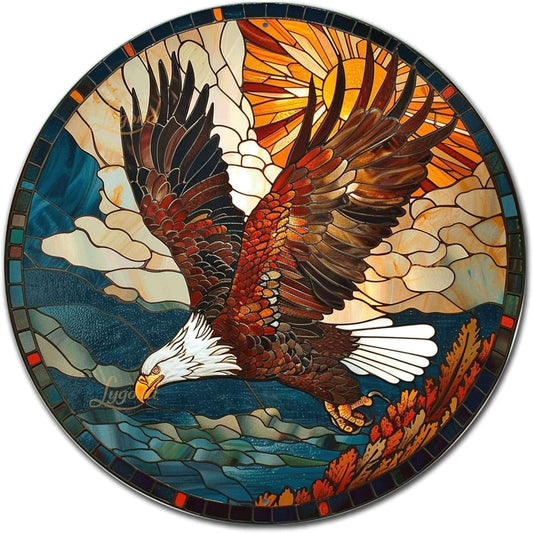 Lygond Metal Sign Tin Sign Circular Stained Glass American Bald Eagle Tin Signs for Garden for Gift 8×8 Inches