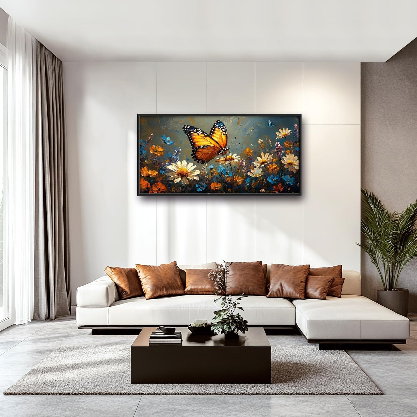 Large Butterfly Daisy Wall Art for Living Room, Floral Landscape Canvas Oversized Wall Decor, Flower Scenery Aesthetics Framed Pictures Painting Print Artwork for Bedroom Office 60"L x 30"W