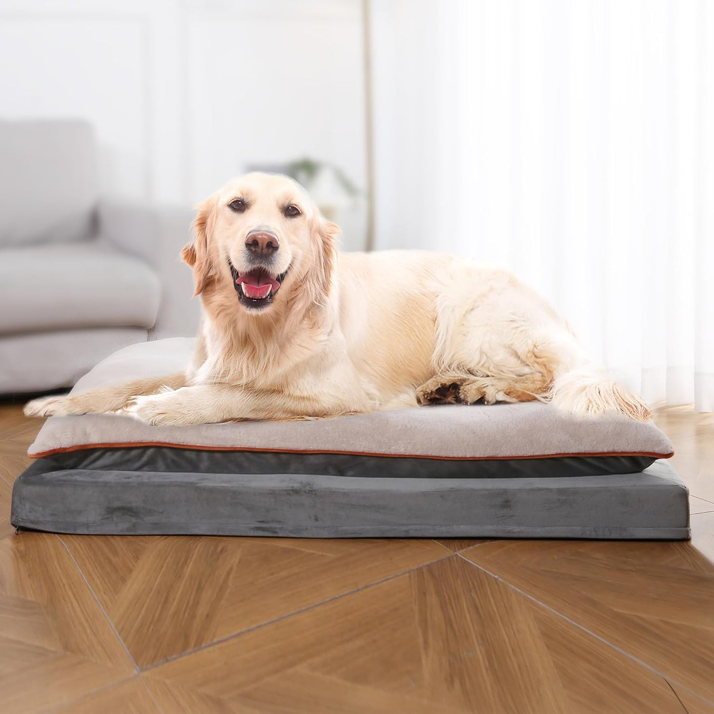 Amazon Basics Dog Bed with Cooling Gel Memory Foam, Pressure-Relief Support for Dogs up to 120lbs, Non-Slip Bottom, Machine Washable Cover, Giant Sized (48" x 36"), Grey