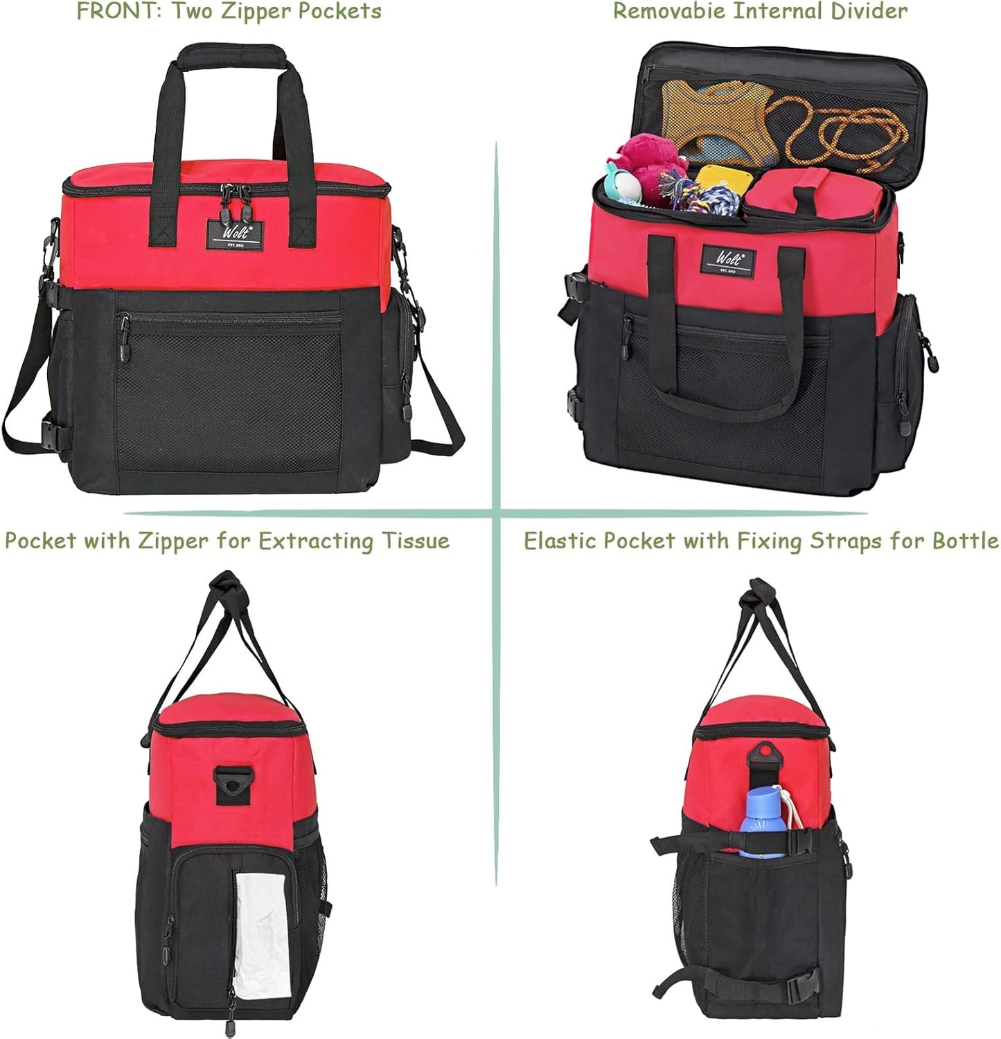 WOLT Dog Travel Bag Dog Bag for Traveling and Supplies with 2 Collapsible Bowls, 2 Food Containers, 1 Place Mat, Red