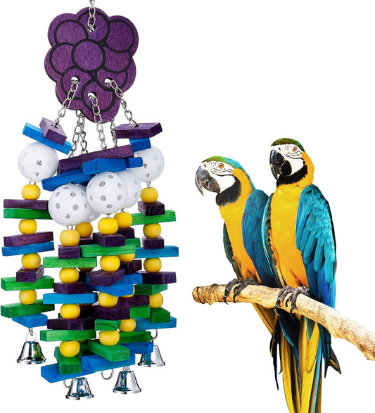 Large Bird Parrot Toys with Bells- Parrots Cage Chewing Toy Gift with Colorful Wood Blocks Beads- Bird Parrot Chewing Sticks Toys for Cockatoos African Grey Macaws and Amazon Parrots(Grape Style)