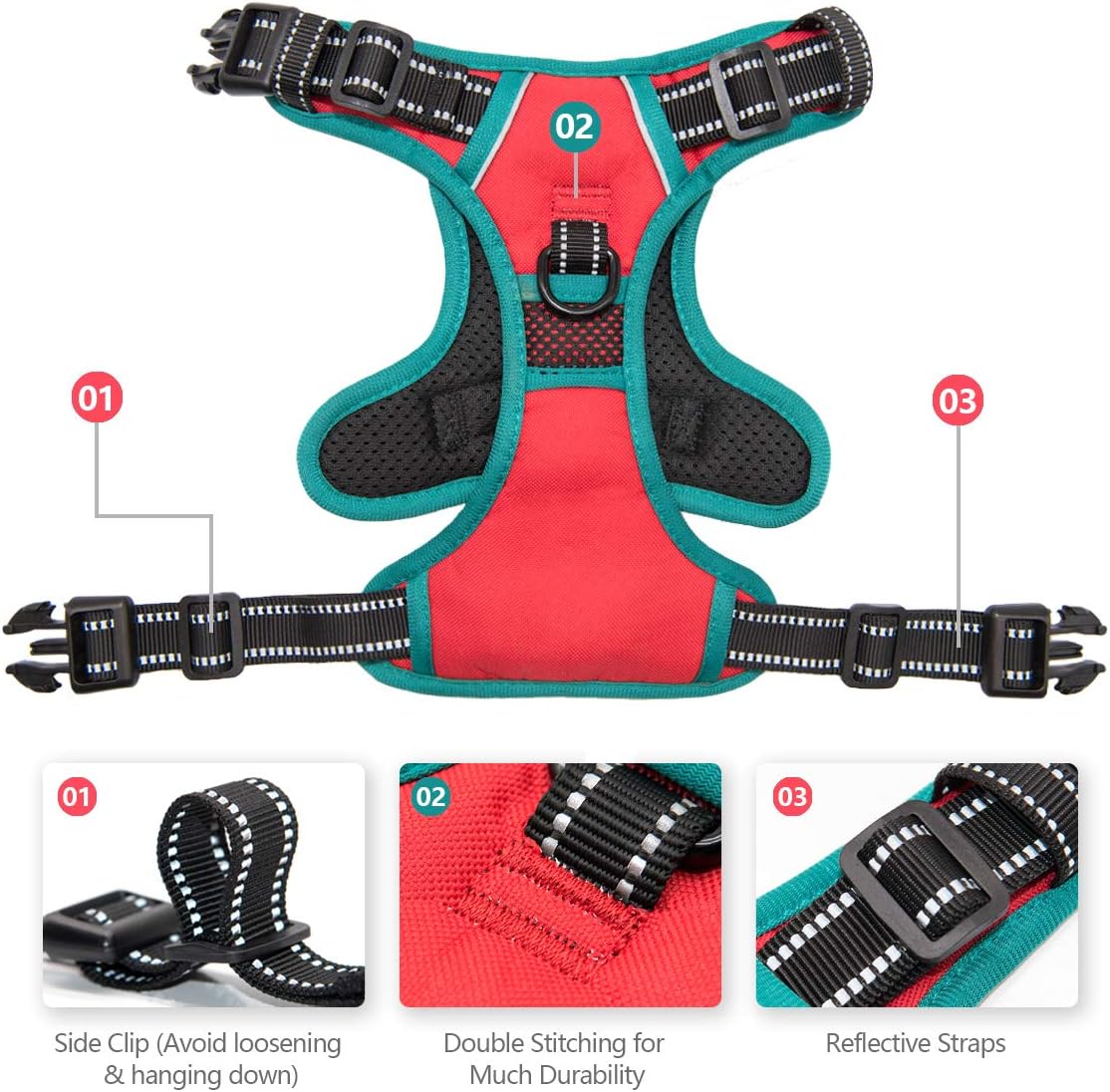 PHOEPET 2019 Reflective Dog Harness Large Breed Adjustable No Pull Vest with with Handle 2 Metal Rings 3 Buckles [Easy to Put on & Take Off](L, Red)