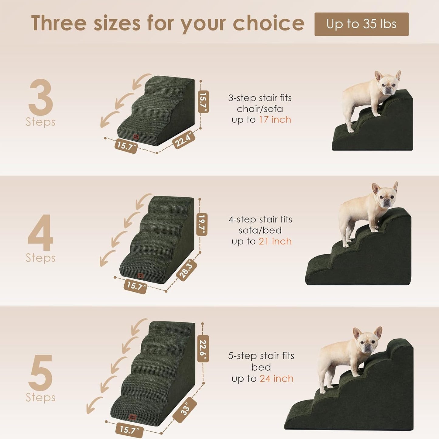 EHEYCIGA Curved Dog Stairs Ramp for High Beds 19.7" H, 4-Step Dog Steps for Small Dogs and Cats, Pet Stairs for High Bed Climbing, Non-Slip Balanced Pet Step Indoor, Olive Green