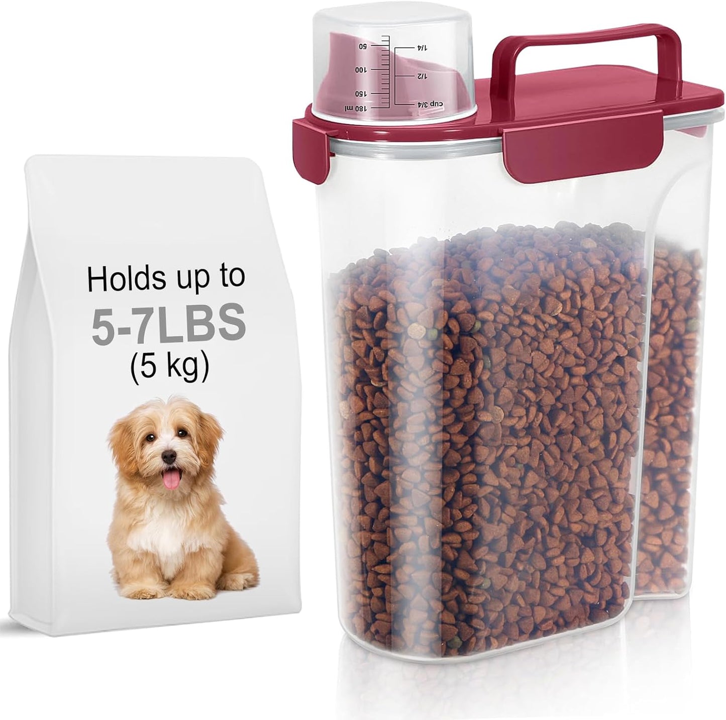 5-7Lbs Dog Cat Food Storage Container with Upgraded Large Nozzle BPA-free, 4 Snap Seals Plastic Pet Food Storage Containers with Handles (1, Elegant Red, 5L)