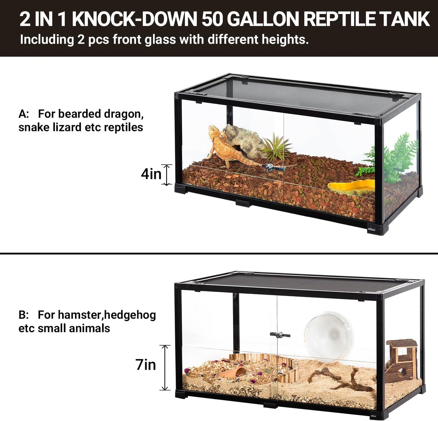 OiiBO 50 Gallon Glass Reptile Terrarium 36" x 18" x 18", 2 in 1 Reptile Habitat Terrarium with Front Sliding Doors Screen Ventilation for Lizard Gecko Tortoise