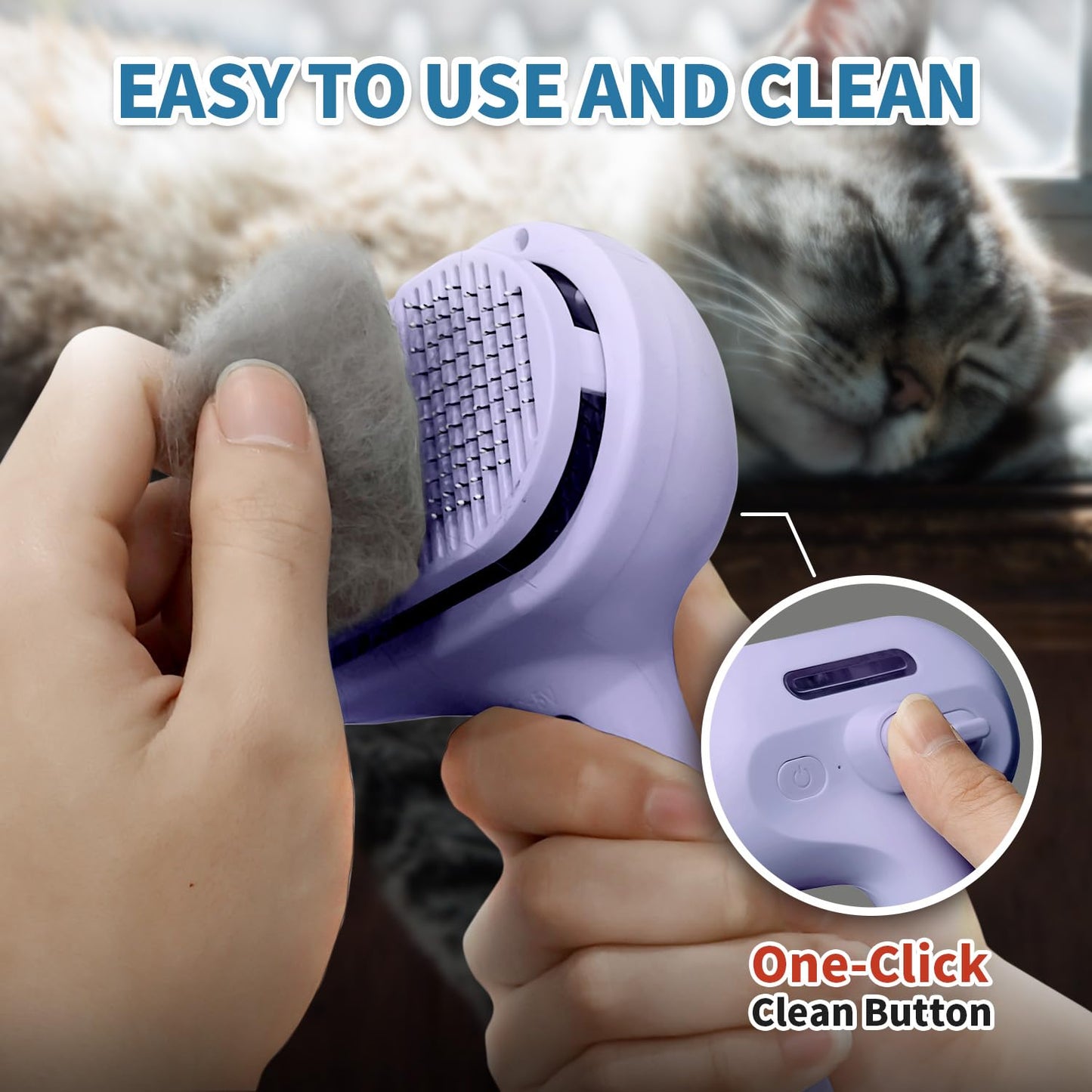 3 in 1 Steam Cat Brush for Shedding - Self-Cleaning Dog Grooming Tool for Long and Short Hair Pets - Removes Static, Flying Hair, and Loose Fur (Purple)