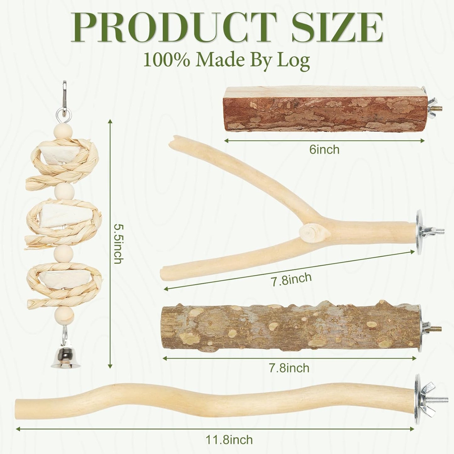 Bird Perches for Cage 6pcs Natural Bird Stand Branch for Cage with Hanging Bridge, Parrot Swing Toys Chewing Climbing Standing Branches Wood Pole Paw Grinding Fork Parakeet Platform