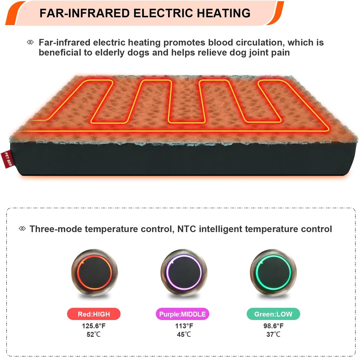Heated Dog Bed with12V～24V Safe Voltage, Electric Heating Arthritis Orthopedic Dog Bed with Thickened Memory Foam, Heated Pet Bed with Waterproof Cover for Medium Dogs, Large Dogs (Medium)