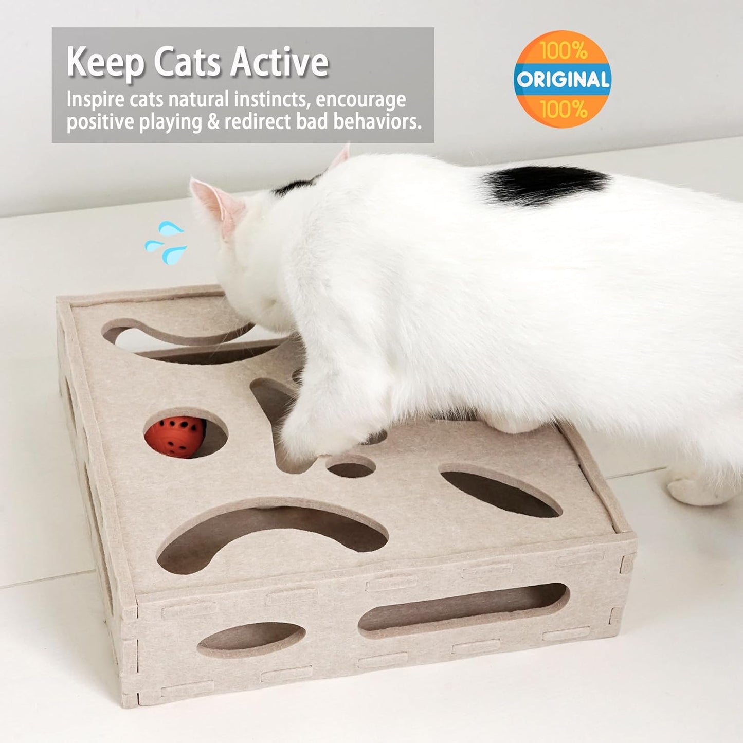 PETKARAY Felt Cat Puzzle Toy, Interactive Cat Toys for Indoor Cats, Interactive Maze for Kitten Felt Puzzle Box with Ball, Beige