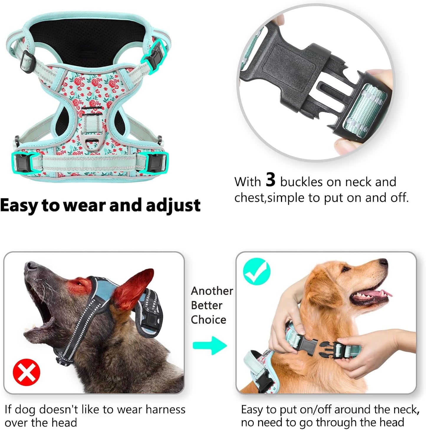 Timos Dog Harness, No-Pull Pet Harness with 2 Leash Clips, 3 Snap Buckles Adjustable Soft Padded Dog Vest, Reflective No-Choke Pet Oxford Vest with Easy Control Handle for Small Medium Large Dogs