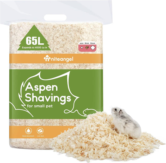 Niteangel Aspen Shaving Hamster Beddings for Syrian Dwarf Hamster Gerbil Mice Degu Rat Rabbit Bunny Guinea Pig Chinchilla Hedgehog or Other Small Pets (65L - 8 mm)