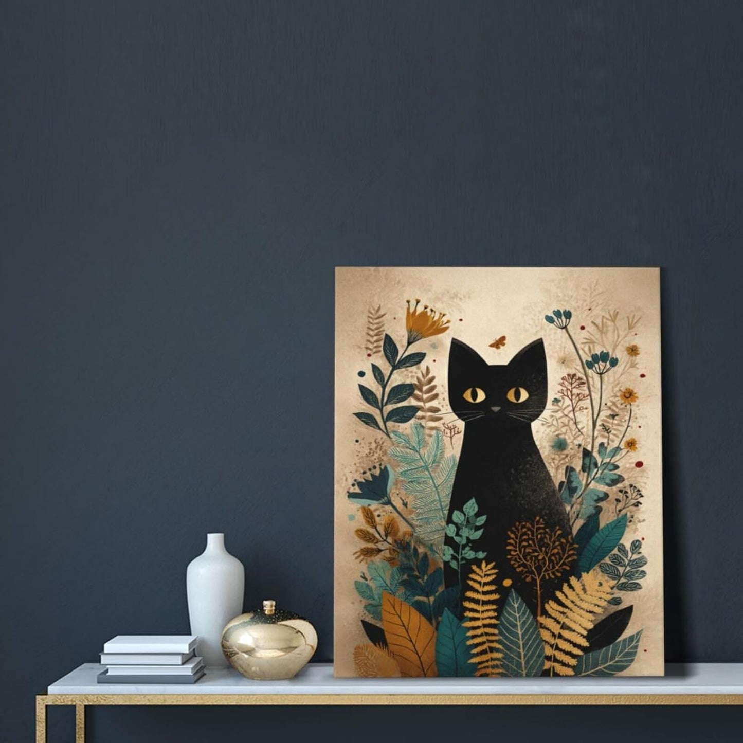 Boho Black Cat Wall Art Kitten Botanical Wall Decor Mid Century Modern Canvas Painting Print Minimalist Pictures Artwork Framed Decorations Gifts for Cat Lover Bathroom Nursery Living Room Bedroom Kitchen 16"x20"