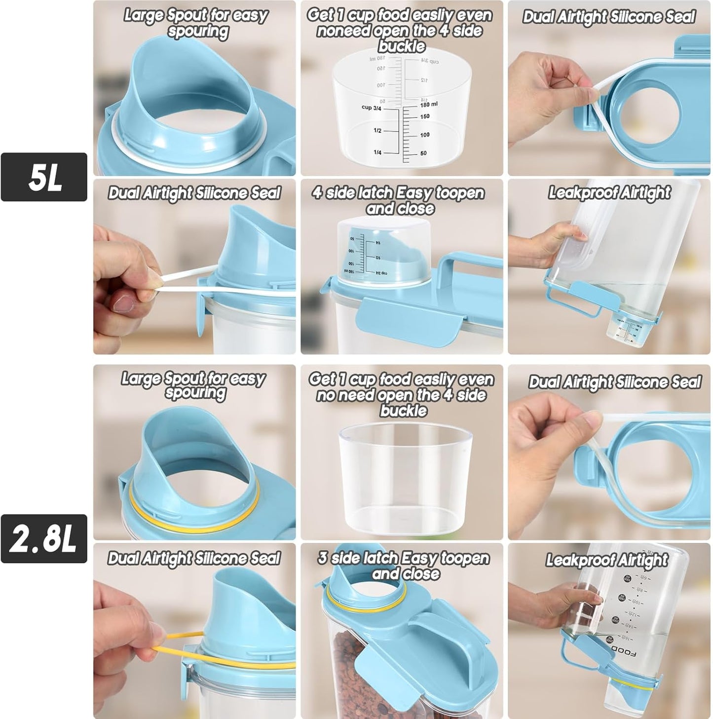 Dog Food Storage Container, Upgraded Large Nozzle BPA-free, 8-12 LBS Plastic Pet Food Storage Containers, With 4 Sealed Clasps, 1 Measuring Cup and Handle (2, Natural Blue (3L+5L), (3L+5L))