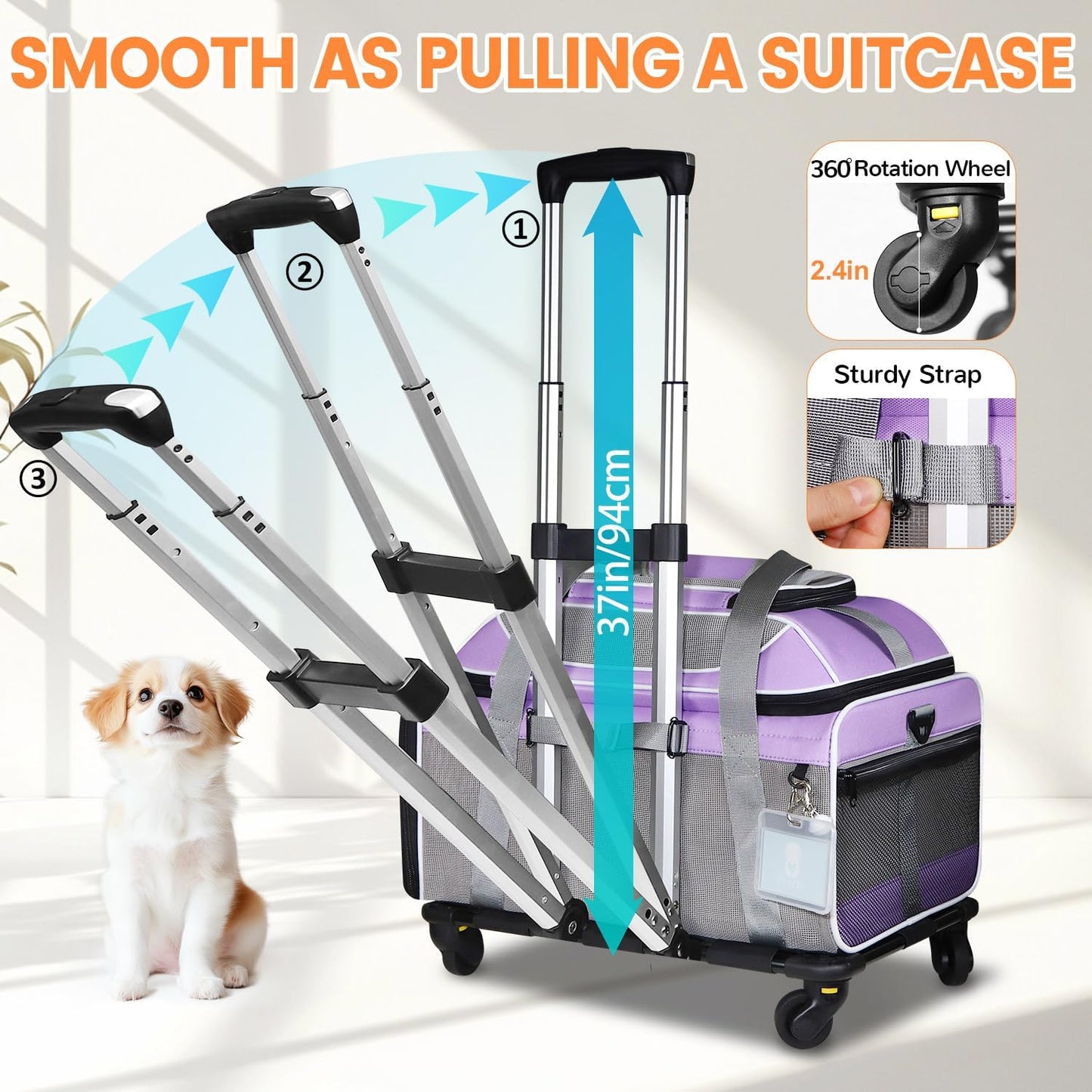 Petskd Top-Expandable Pet Carrier with Wheels 19x13x9 Inches Southwest Allegiant Airlines Approved, Soft-Sided Carrier for Small Dog Under 12 lbs and Large Cat Under 15 lbs(Purple)