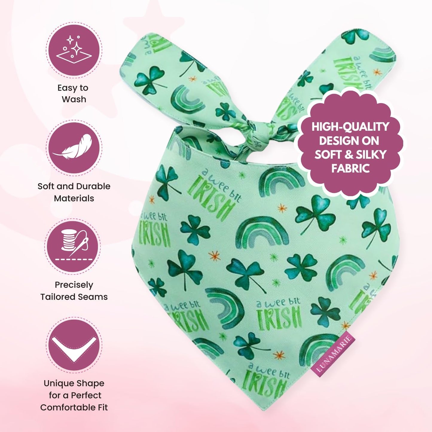 LunaMarie - Luxury Pet Birthday Bandanas -Premium & Silky Poly Fabric | 100% Handmade | Custom Shape Dual Layered (A Wee Bit Irish, Medium)