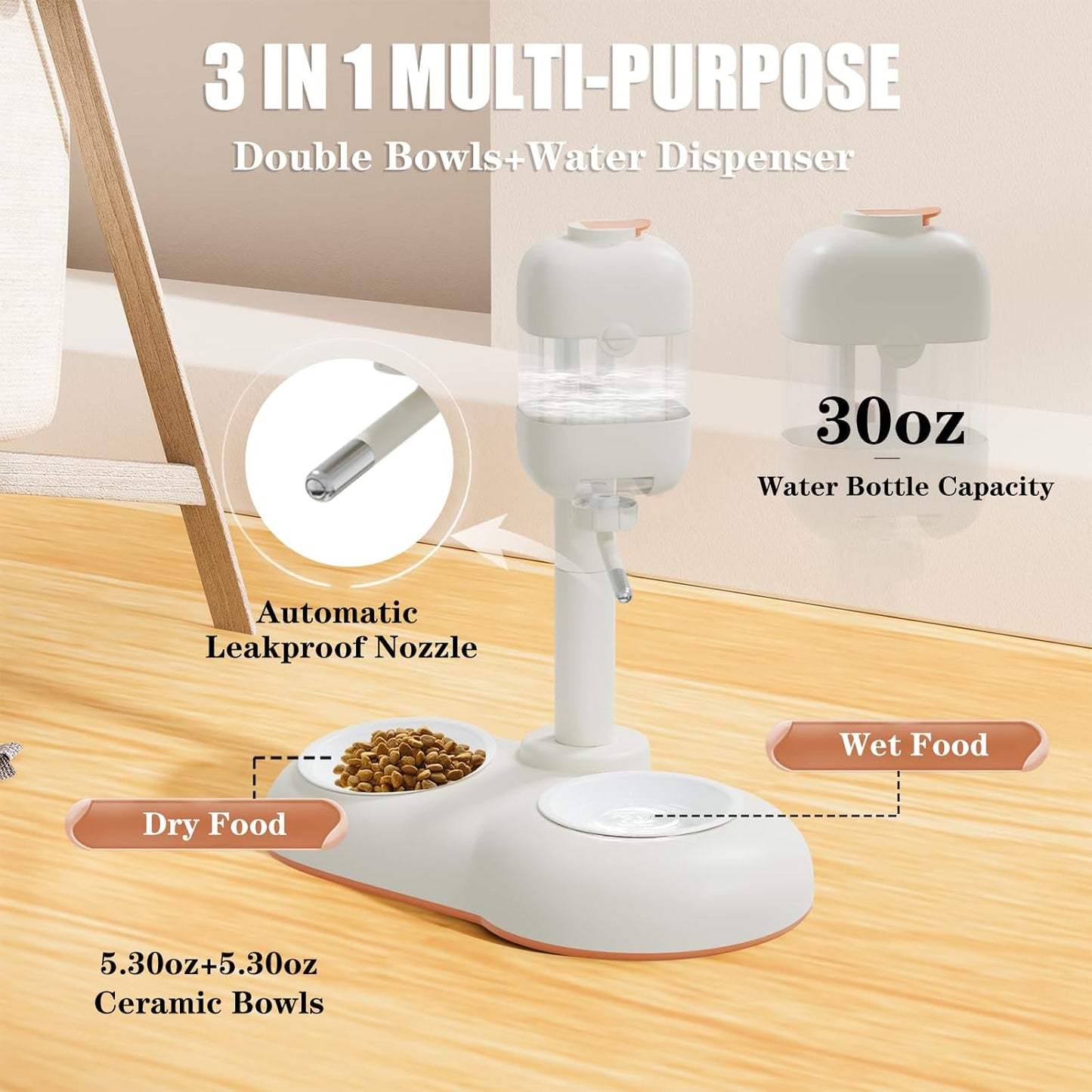 Pet Bowls with Weaning Bottles,3 in 1 Height Adjustable Water Dispenser for Dogs,15°Tilted Food Bowls for Small Dogs,Puppy Feeding,Pet Food Bowls for Cats,Rabbits,Ferrets