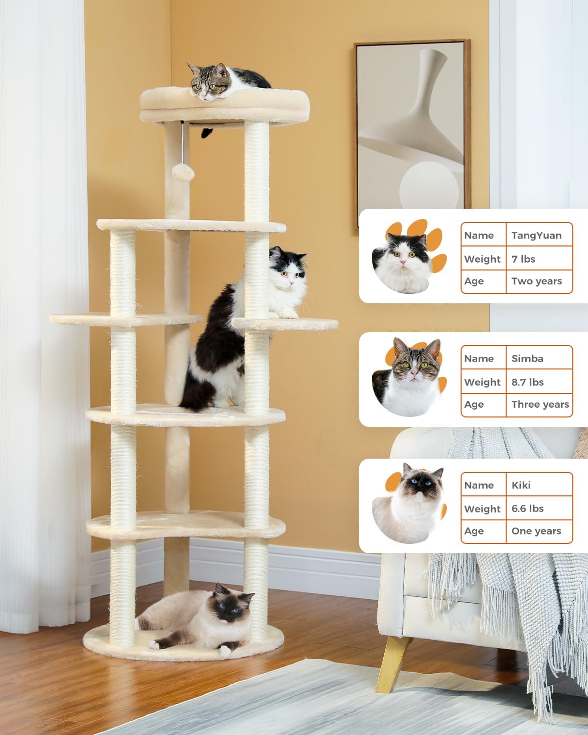 PETEPELA 61" Cat Tree for Indoor Cats, [6-Levels] Cat Climbing Tower with 9 Sisal Scratching Posts and Replaceable Dangling Ball &Top Perch, Beige