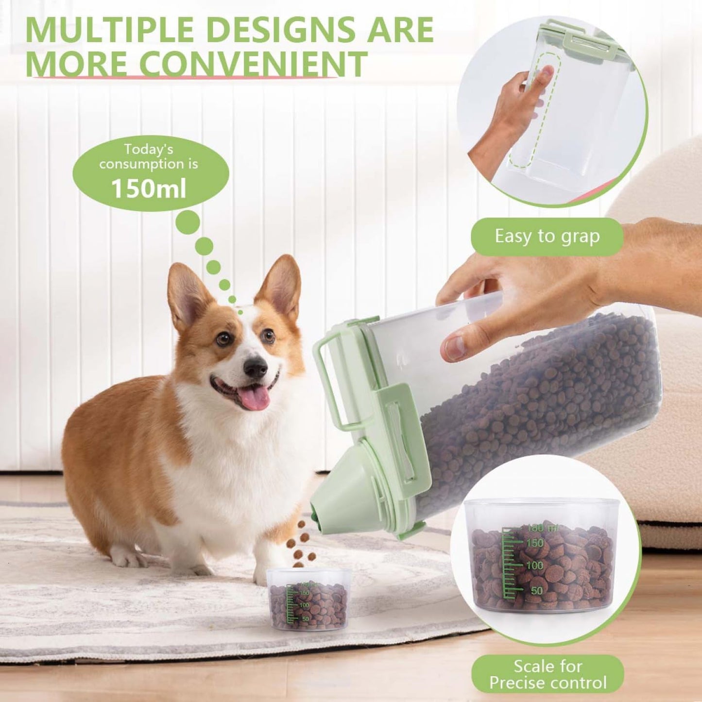 SenseYo 2.5lb Pet Food Storage Container with Measuring Cup, 3L Cat Food Storage Container Dog Food Storage BPA Free for Small Dog, Cat, Bird (Green)