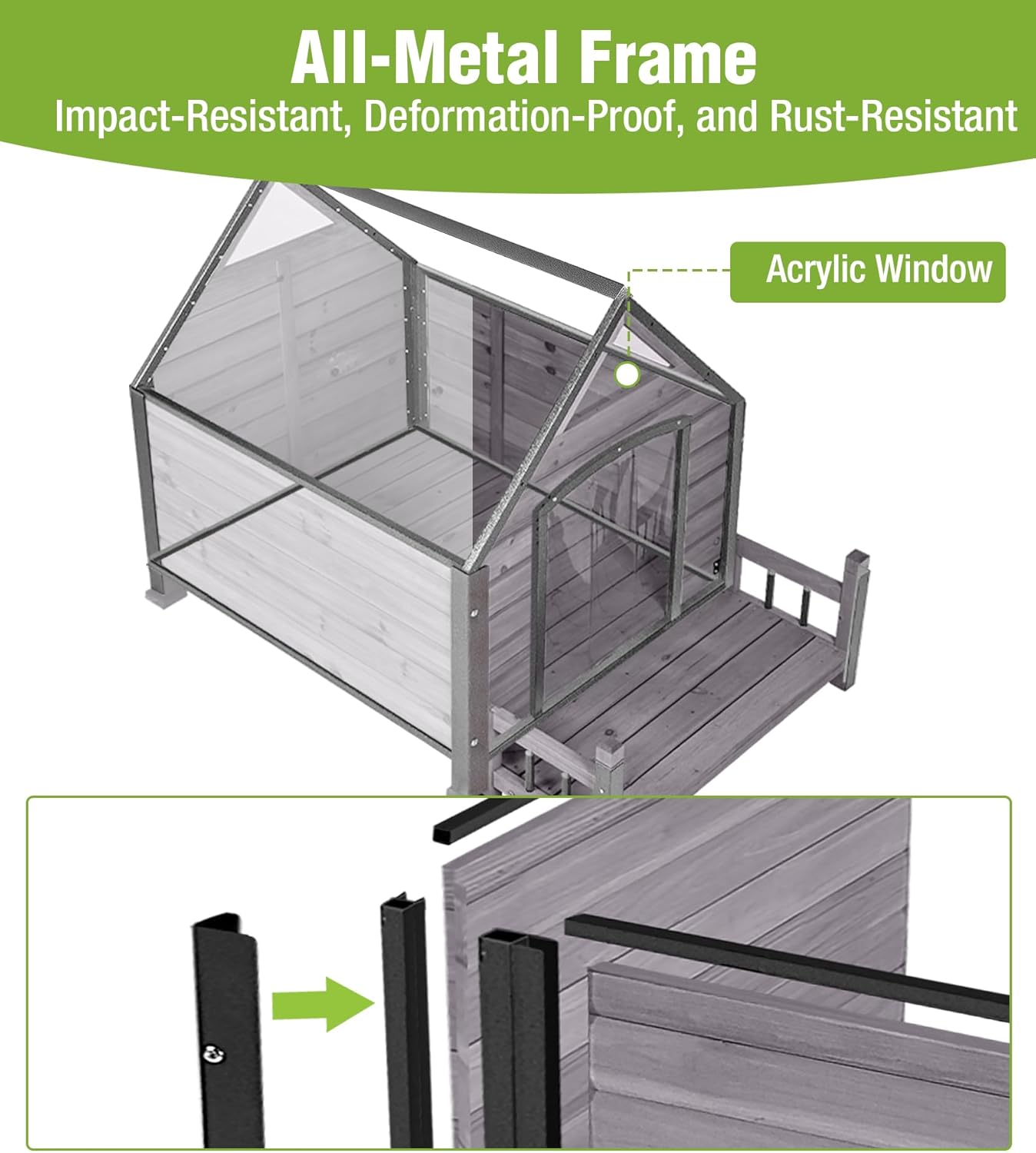 GUTINNEEN Dog House Outdoor Weatherproof with Porch, Puppy Shelter Indoor with Anti-Bite Design, PVC Curtain, Asphalt Roof, Elevated Waterproof Base, for Small to Medium Dogs - Grey