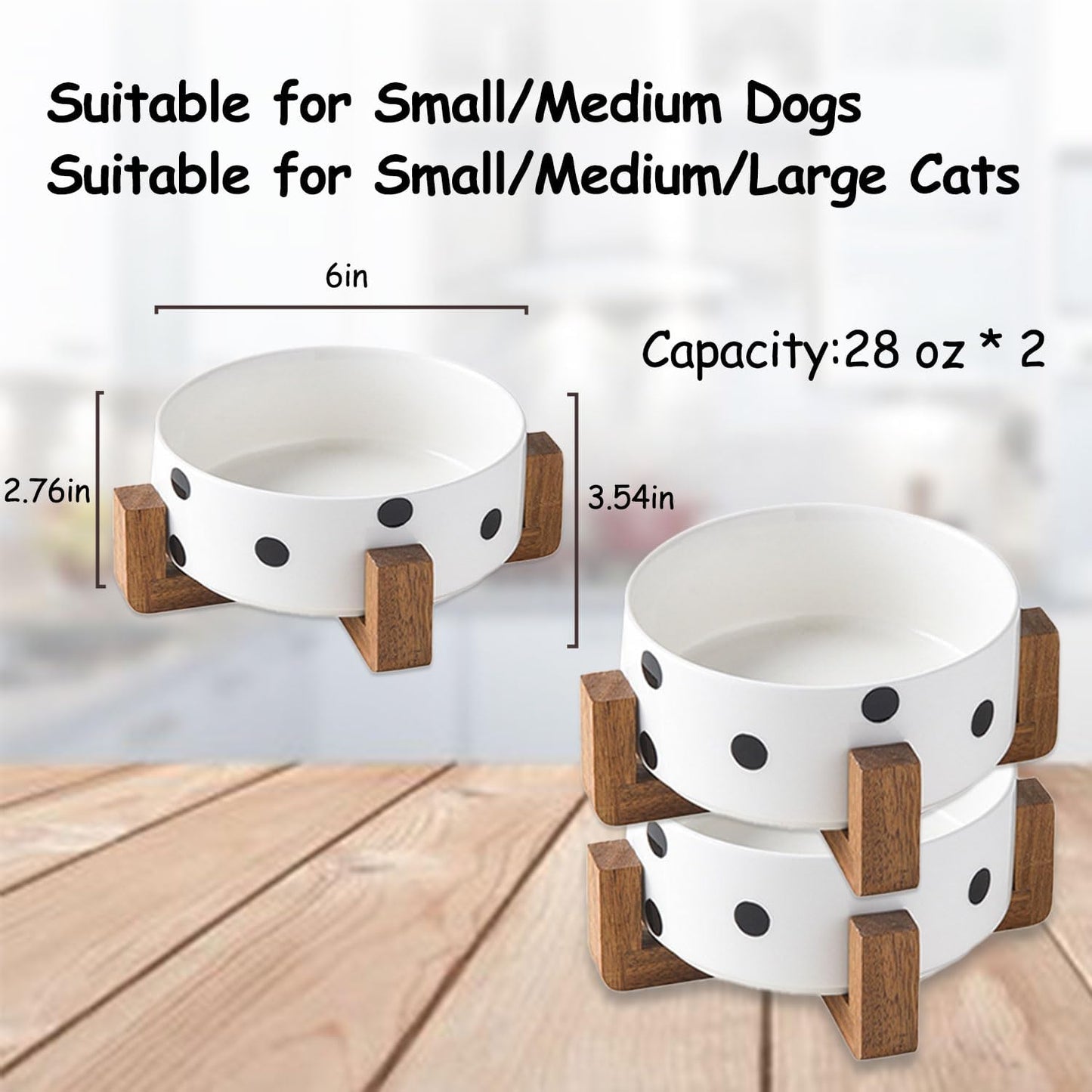 Petygooing Ceramic Dog Bowl Set with Stand - Cat & Dog Food and Water Bowl, Medium Size - Anti-Slip, 28 OZ / 3.6 Cups, Black Dot
