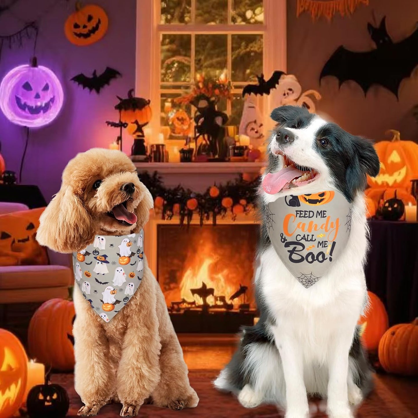 Halloween Dog Bandanas Large 3PCS, 6 Pattern Fall Scarf for Boy and Girl, Triangle Reversible Bibs Breed for Puppy Pets