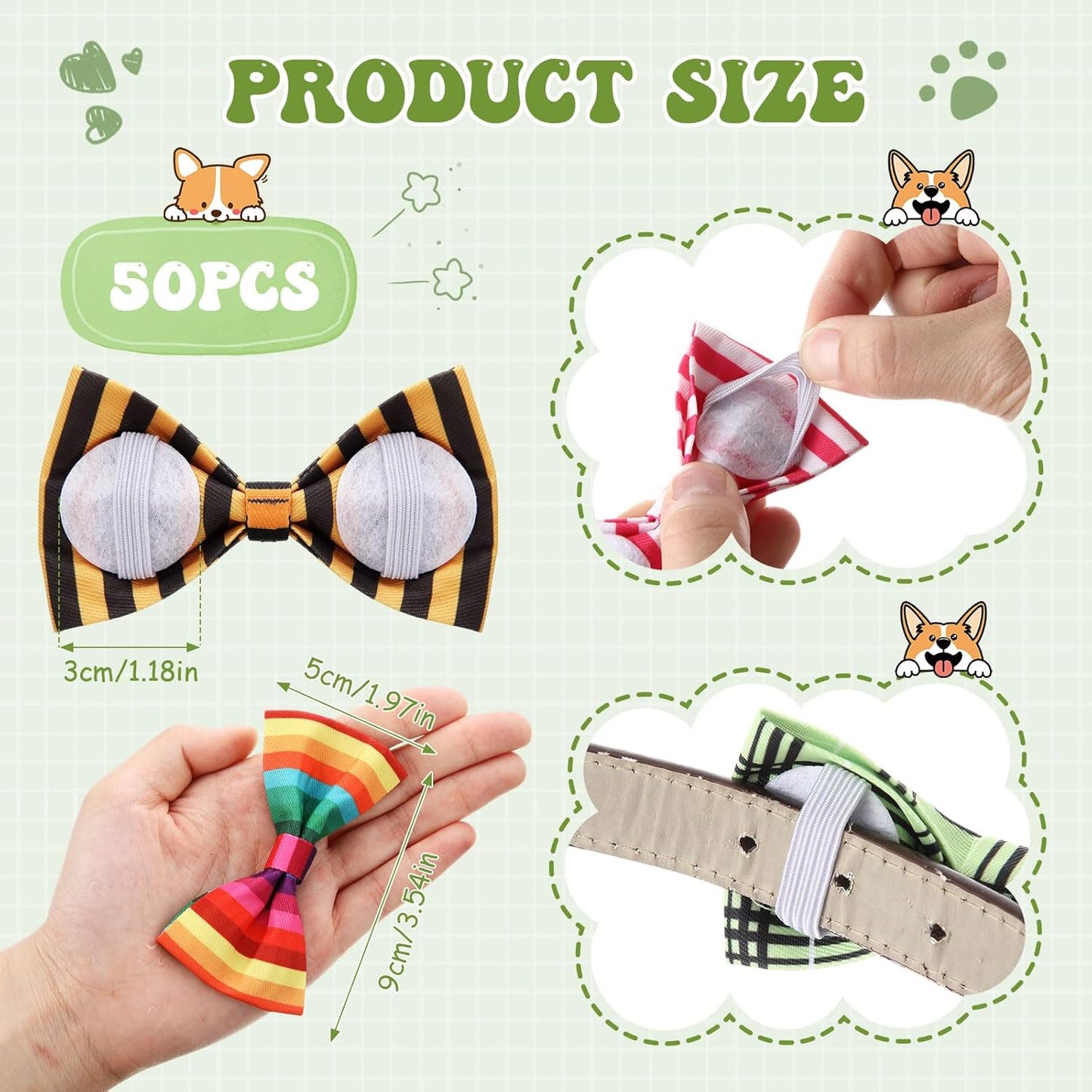 Reginary 50 Pieces Dog Bow Ties Pet Collar Bow Puppy Collar Attachment with Rubber Bands for Small Medium Cat Pet Grooming Charms Accessories Wedding Birthday Occasion(Stripe Style)