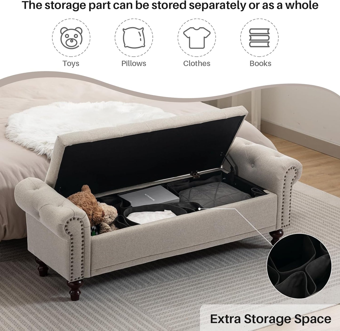 58.1'' Storage Bench Upholstered Linen End of Bedroom Bed Bench Ottoman with Tufted Cushioned Rolled Arm Large Storage Space for Reading Living Room Entryway, Light Brown