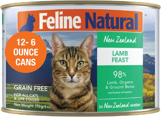 Feline Natural New Zealand Canned Catfood Wet Food, High-Meat, Low-Carb, & Grain Free Cat Food Wet, Lamb Feast, 6 oz, Pack of 12