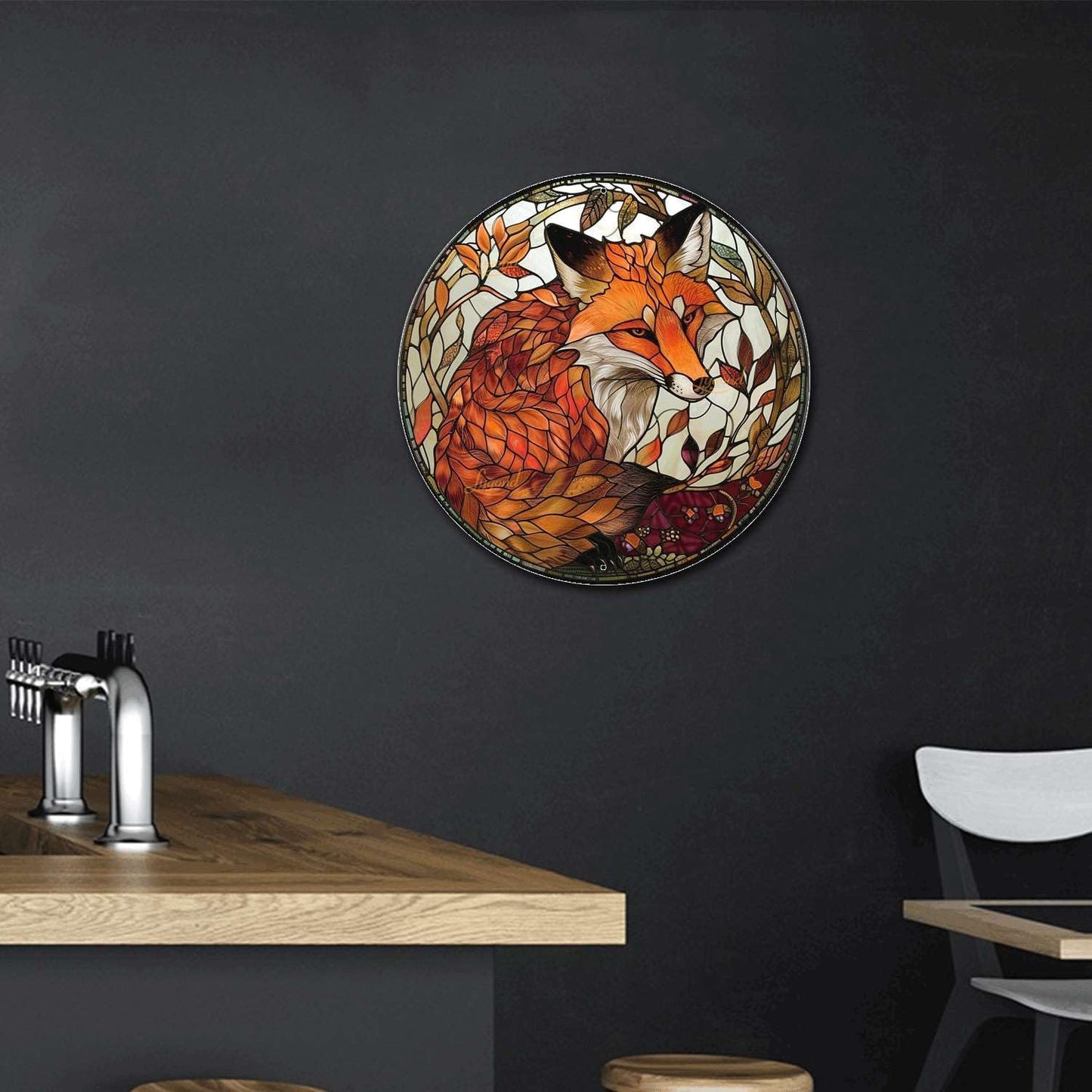 Lygond Metal Sign Tin Sign Circular Stained Glass Red Fox2 Gardening Sign for Yard 8×8 Inches