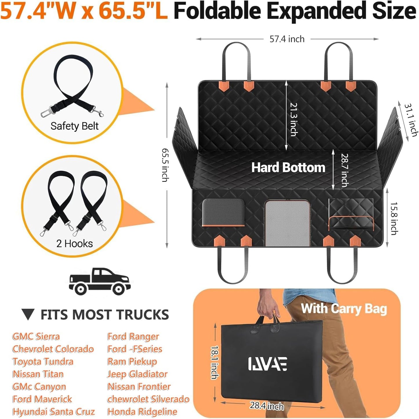 Back Seat Extender for Dogs Hard Bottom Holds 500lbs,Waterproof Dog Car Seat Cover for Back Seat, Truck-Large Space Dog Hammock for Truck