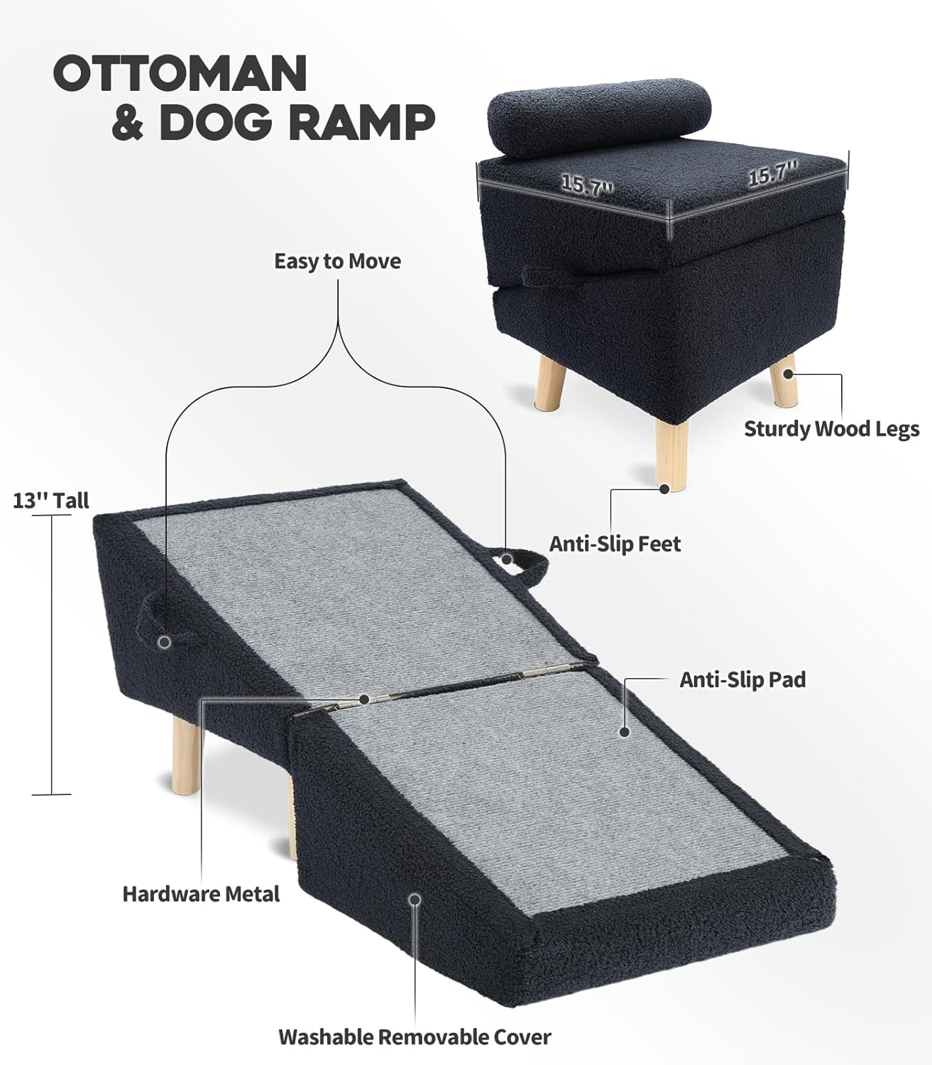 Dog Stairs for Small Dogs and Cats – 2-in-1 Dog Ramp for Bed and Couch, 16.5'' Foldable Wooden Pet Steps, Sturdy Multi-Use Split Ottoman Design, Dark Blue