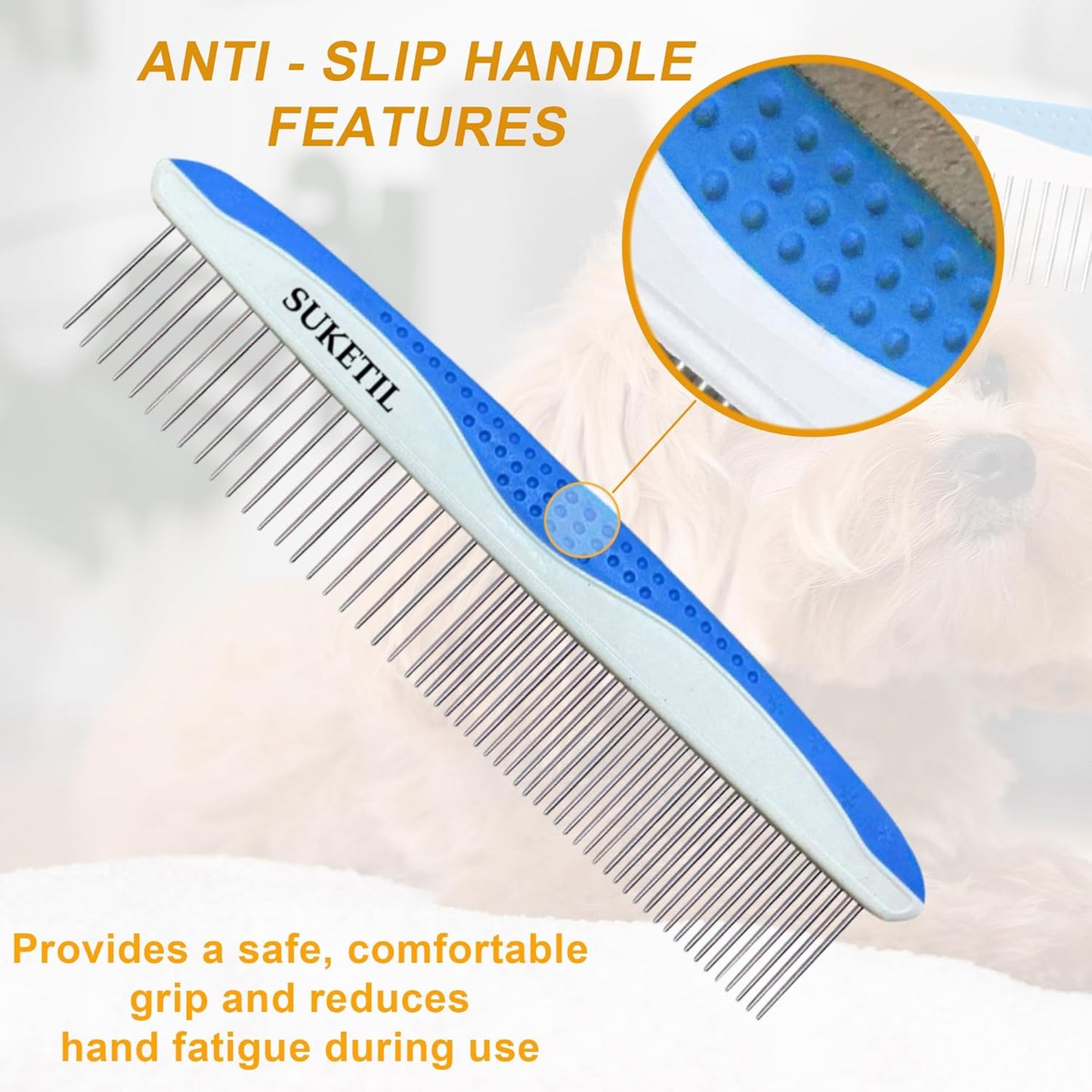 Dog Grooming Comb for Matting, Dog combs for grooming matting, Dematting Comb for Dogs and Cat with Stainless Steel Teeth & Non-Slip Handle (Style 1- Blue)