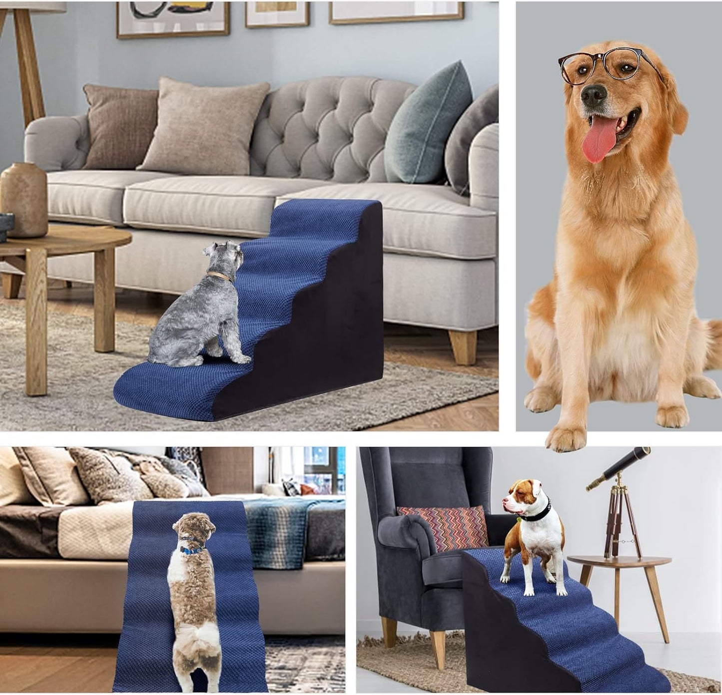 Dog Steps&Stairs for High Beds 24.4 inches High Up to 24-28 inches Bed, Tall Extra Wide Pet Stairs/Steps for High Bedsides,Non-Slip Dog Ramps for Small Older Dogs/Cats(Blue)