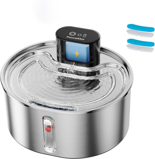 Pumpless Cat Water Fountain Stainless Steel Battery Operated, 108oz/3.2L Wireless Pet Water Fountain, Cordless Automatic Dispenser with 2 Replacement Filters for Cats, Dogs, Multiple Pets